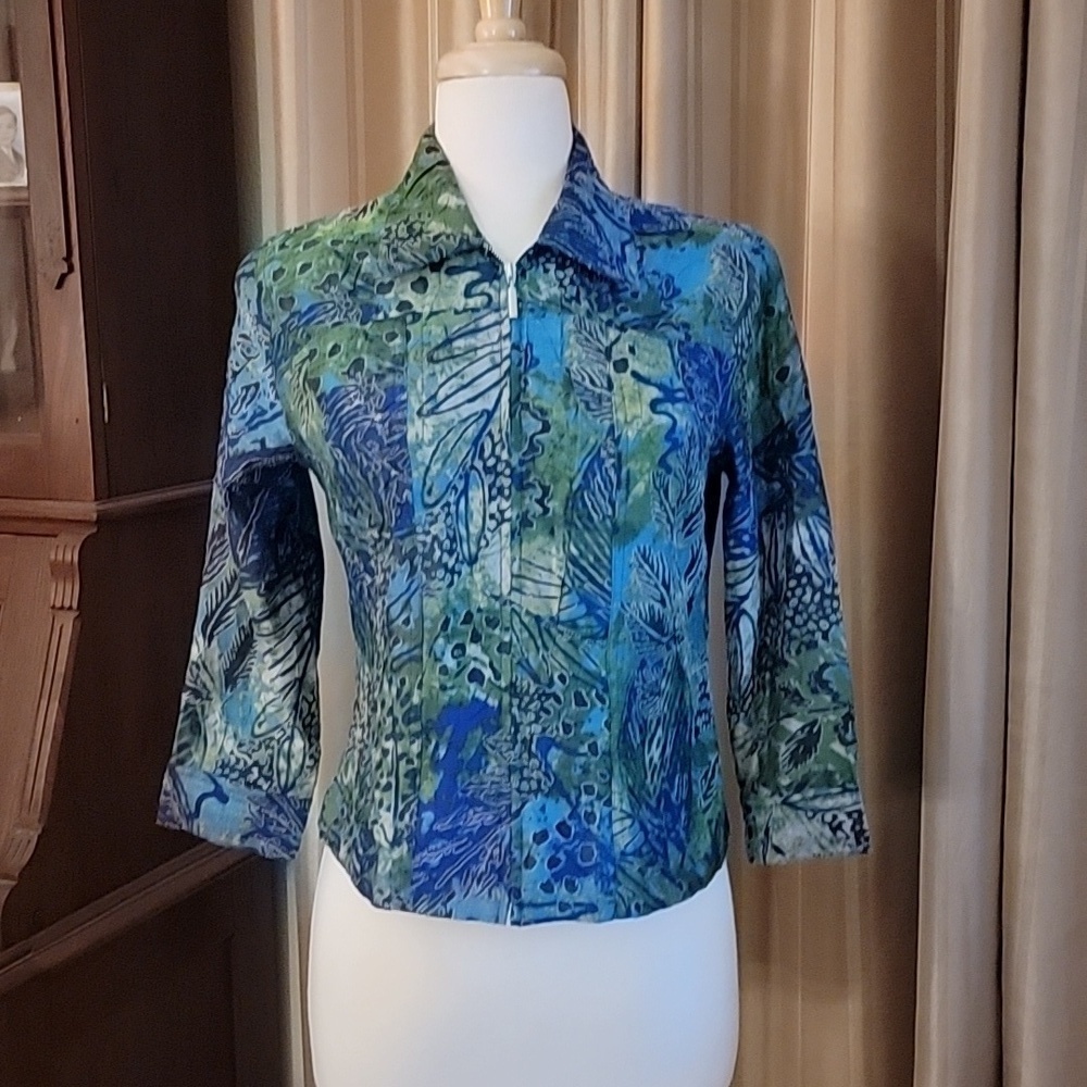Ruby Rd. Petites Zip-Up Jacket Blue Green Abstract